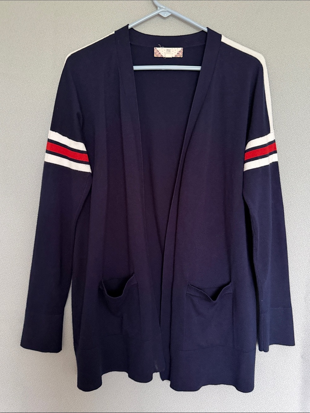 Pink Rose Navy Open-Front Cardigan with Red & White Sleeve Stripes